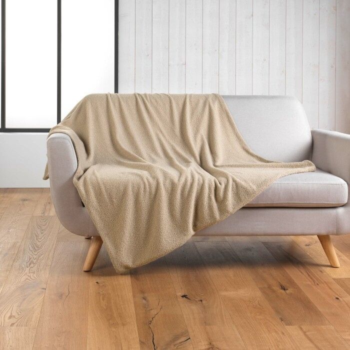 Plaid 180 x 220 cm en bouclette unie - Modèle Wooly Beige Plaid 180 x 220 cm en bouclette unie - Modèle Wooly Beige
