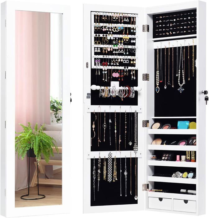 GOPLUS Armoire à Bijoux Mural Verrouillable avec Miroir et Lumière LED Armoire de Rangement Accrochée à la Porte avec Compartiments