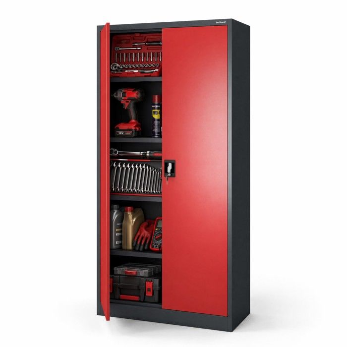 Armoire de Bureau Métallique C001 Verrouillable 4 étagères revêtement en poudre 185 cm x 90 cm x 40 cm Anthracite-Rouge