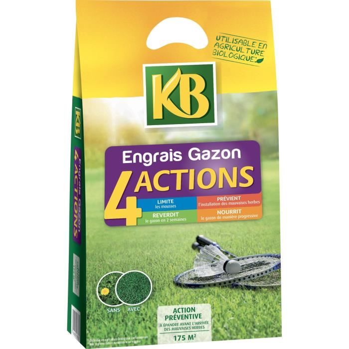 Engrais à Gazon KB K4MP - 4 Actions - 7 KG - Limite les mousses - Prévient les mauvaises herbes - Surface 280m²
