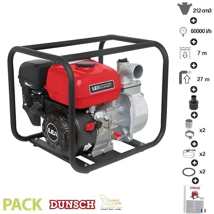 Pompe à eau thermique 5,6Cv 212cm3 débit 60000 l/h LEA LE71212-80 raccord 3 pouces