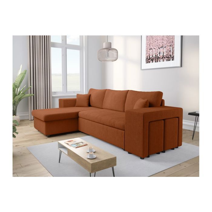 Canapé dangle réversible MADY avec coffre rangement poufs à droite en velours côtelé terracotta - L254 x P146 x H81cm - LOUNGITUDE Canapé dangle réversible MADY avec coffre rangement poufs à droite en velours côtelé terracotta - L254 x P146 x H81cm - LOUNGITUDE