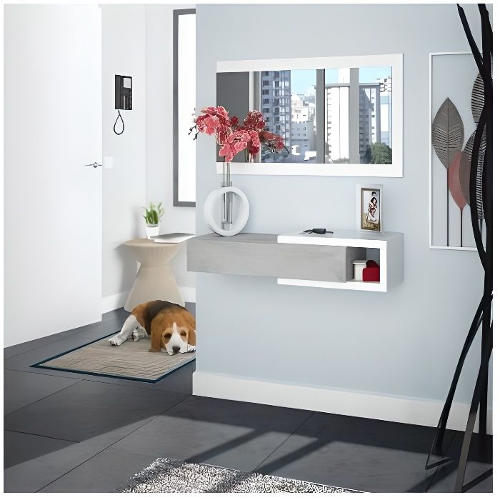 Habitdesign 0L6743A - Meuble d'entrée avec tiroir et miroir, mobilier d'entrée modèle midi, Blanc Artik et Gris Ciment, dimensions: