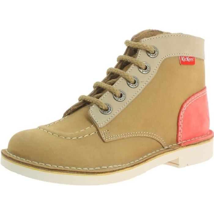 Bottines Femme Kick Col Kickers - Cuir Nubuck Beige - Lacets et Découpes Tricolores