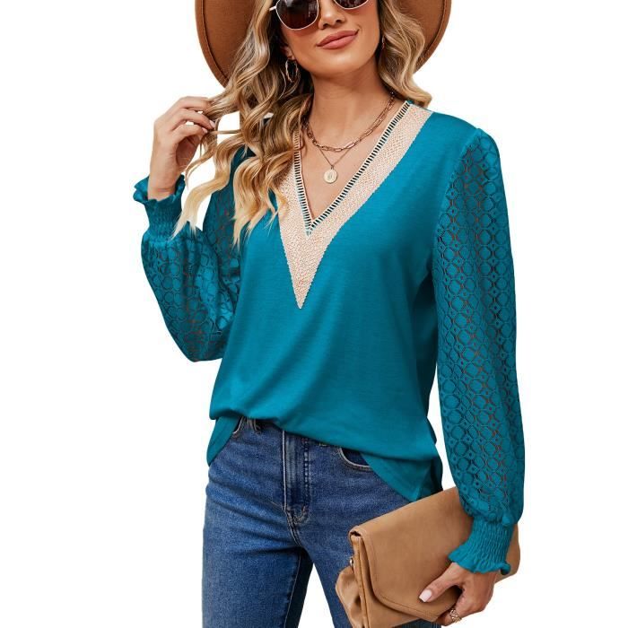 Pull Femme En Dentelle Manches Longues Col V Mode Pullover L che