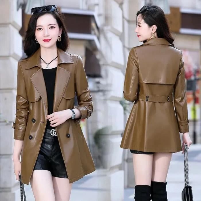 Veste en similicuir PU pour femme manteau long doux pardessus slim