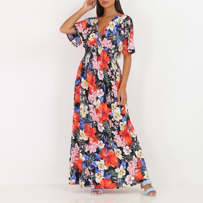 Robe longue noire fleurie à manches chauve-souris