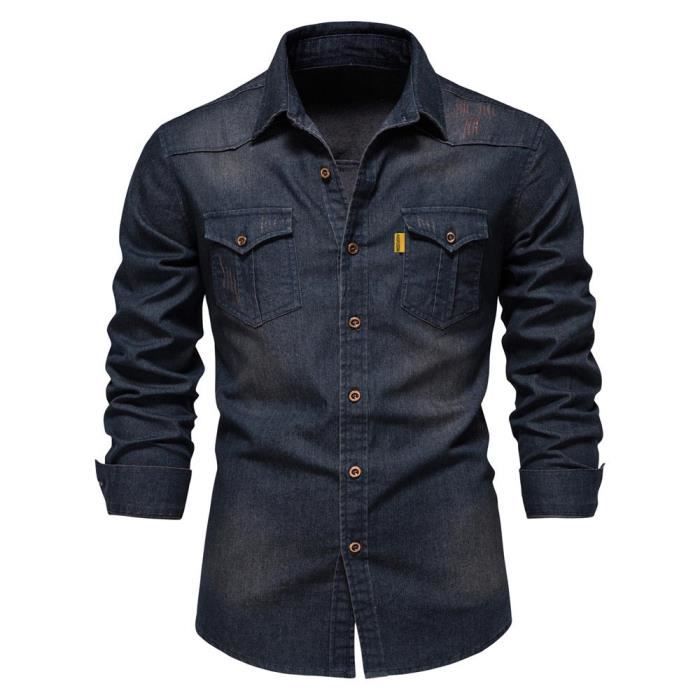Chemise en Jeans Homme Slim Fit Manches Longues Casual Chemise