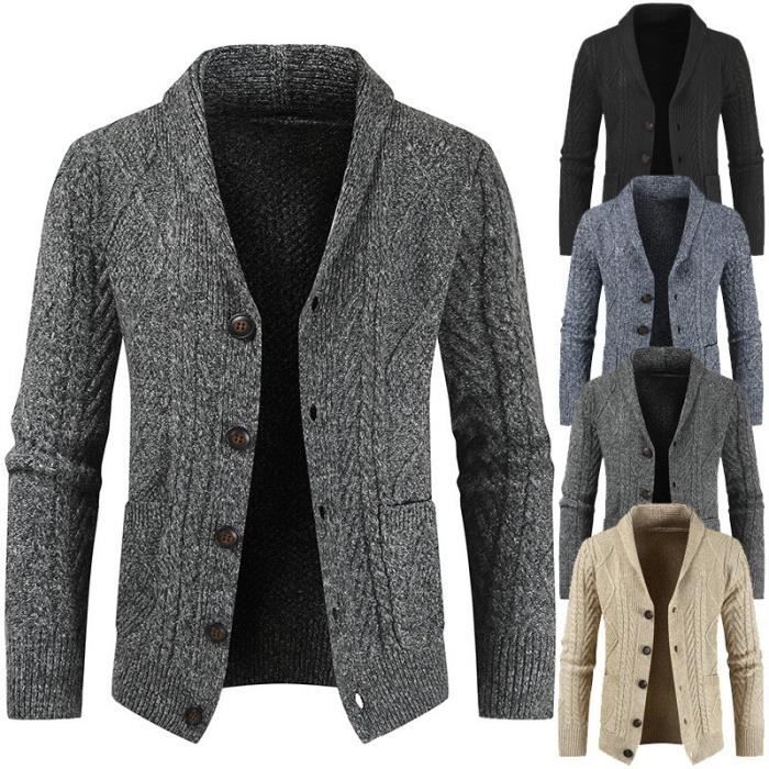 Cardigan Hommes Chaud Hiver - ECELEN - Tricot Châle Lâche - Gris - Col Boutonné Gris