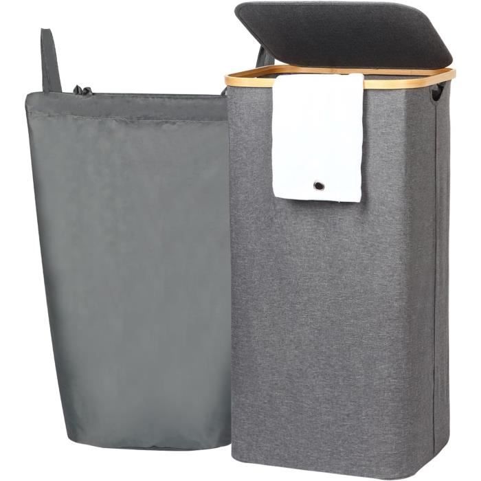 YOUDENOVA Panier à linge, avec couvercle, 48 l, étroit, avec sac à linge, pliable, haut, en bois de bambou, vert