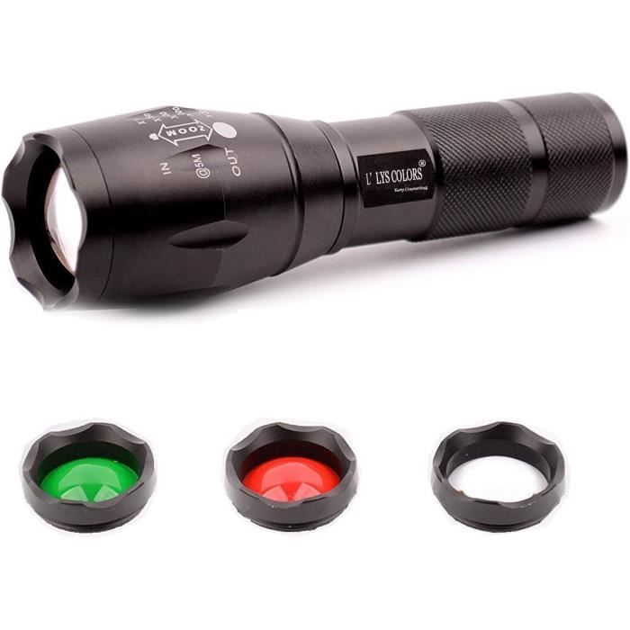 Lampe Torche LED Ultra Puissante – Zoom, Étanche, 5 Couleurs (Rouge, Bleu, Vert, Blanc) – Neuve
