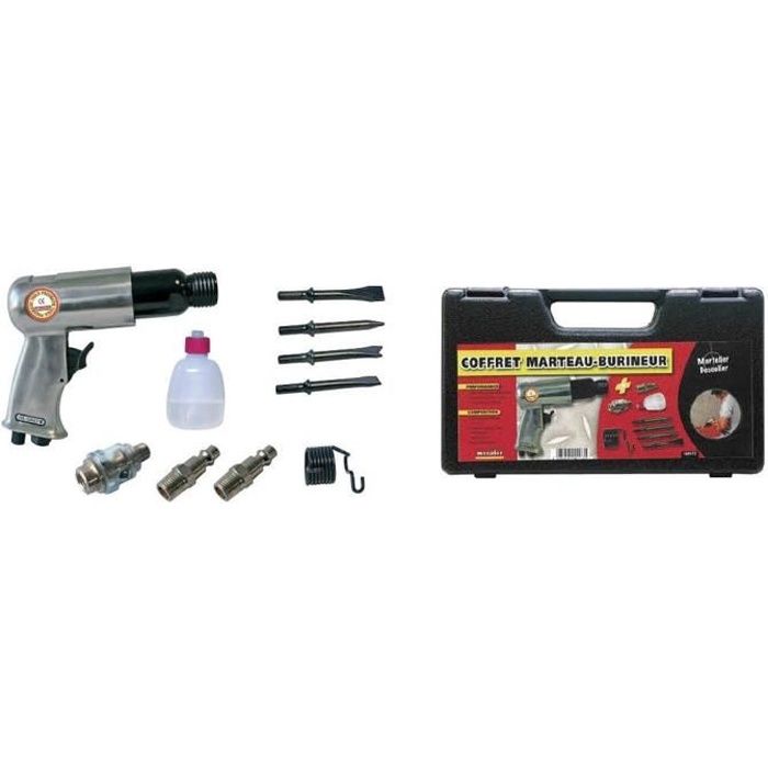 MECAFER Marteau burin pneumatique 150mm avec 4 burins Hex + 2 inserts rapides + 1 mini huileur + 1 b