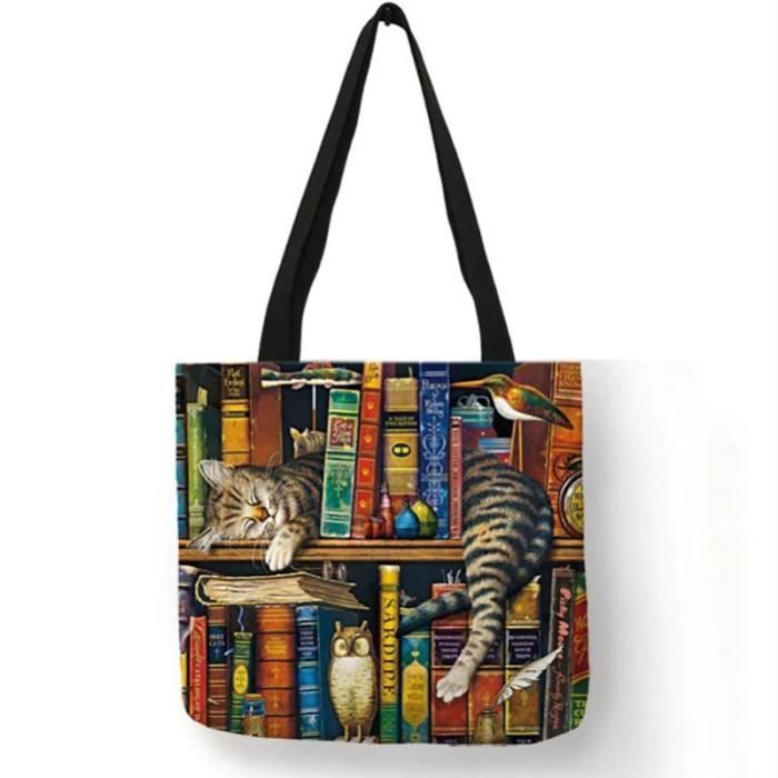 Tote Bag Animal Design Sac Fourre-tout RAINUP Motif Chats - Coton Bio 100% - 38x41cm - Commerce équitable Sac écologique Animaux