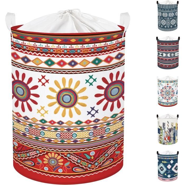 Clastyle 45L Panier à Linge éléphant Ethnique Rouge Pliable Corbeille a Linge Animal Fleur Ronde