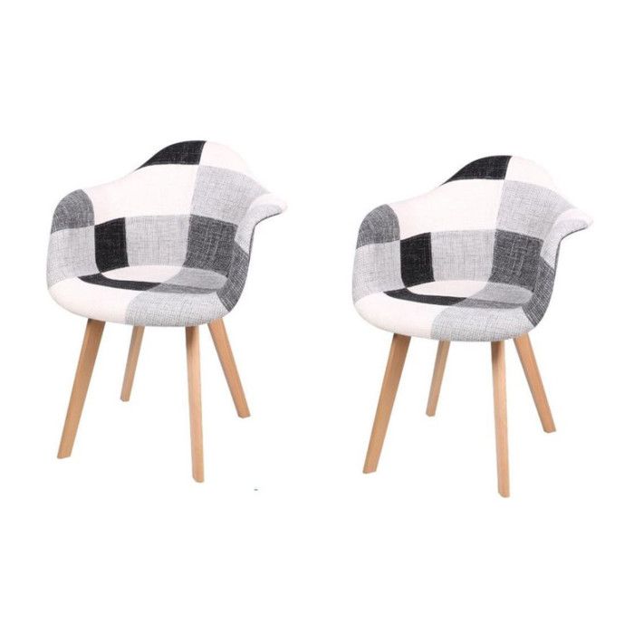 Lot de 2 fauteuils Patchwork avec pieds en bois - Blanc/Noir - L 63 x l 63 x H 81 cm