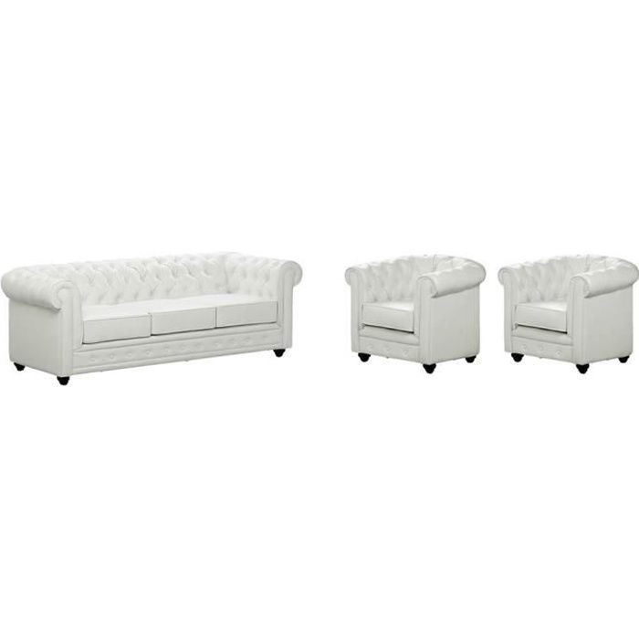 canapé 3 places et 2 fauteuils chesterfield - simili blanc - classique - intemporel - 5 places - ferme - 205 cm