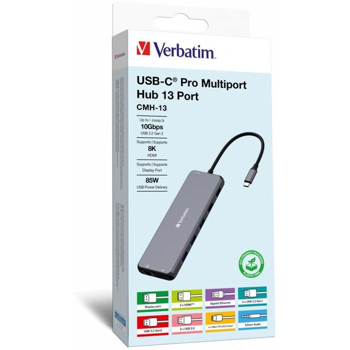 Hub multiport USB-C Pro VERBATIM - CMH-13 - 13 Ports - HDMI DP SD micro SD Ethernet USB-A USB-C - Noir