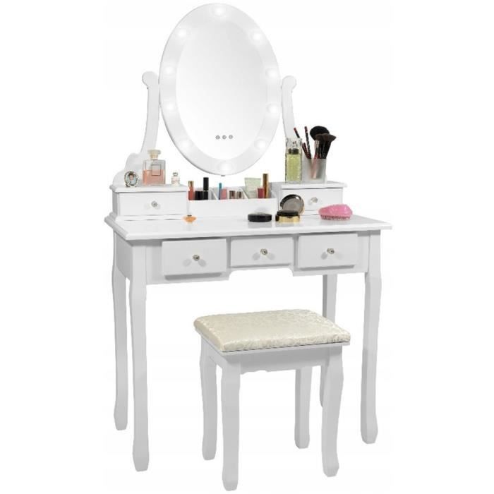 Coiffeuse en bois blanc avec miroir et tabouret éclairés par LED - 80x40x137 cm