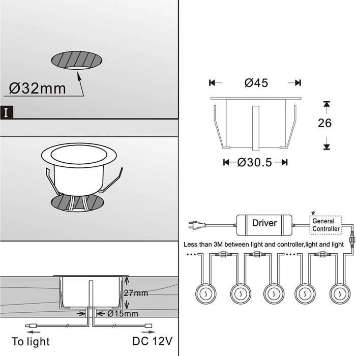 Lot De 12 Mini Spots LED Encastrables Extérieur - Blanc Chaud 3000K, IP67, 12V, Ø31mm