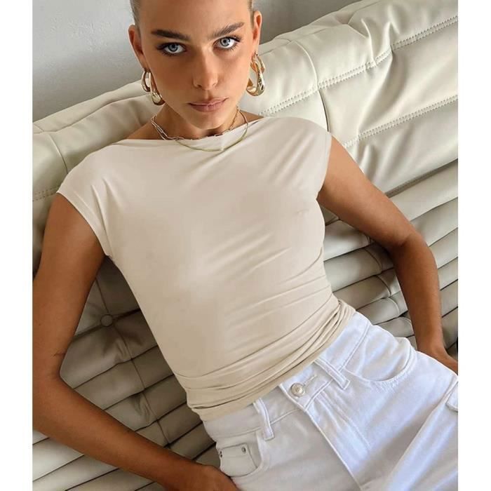 T-shirt Épaules Dénudées Femme ZAAYO – Double Doublure Y2K, Haut Court Sport Été Sexy & Confortable