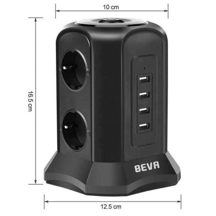 Multiprise BEVA Tour 12 Prises + 5 USB – Parafoudre Et Parasurtenseur – Noire