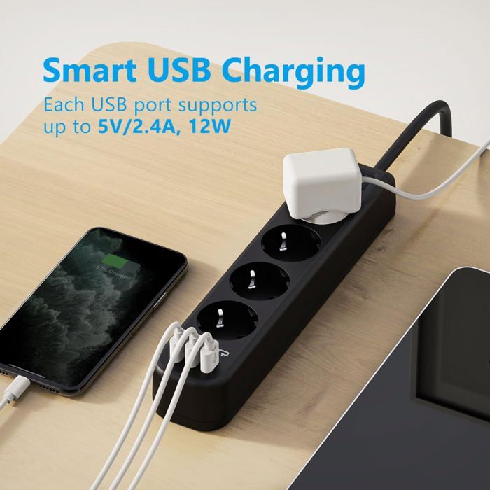 Multiprise USB 4 Prises avec 3 Ports USB Chargeur de Voyage (5V24A/12W ...
