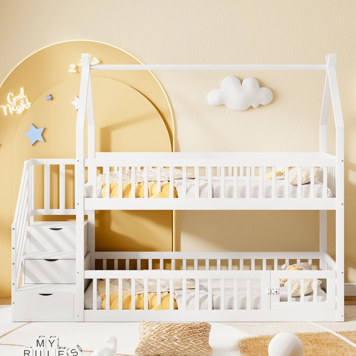 MODFU Lit Superposé Enfant 90x200 Cm Avec Lit Gigogne, Escalier Et Rangement, Pin Et MDF, Blanc - Maison