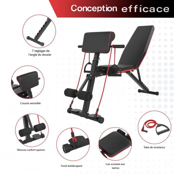 Banc De Musculation GYMFLEX Pliable – 6 Positions Dossier, 4 Assise, 3 Soutien Jambes – Charge 270 Kg