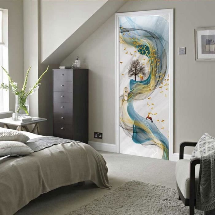 Sticker Porte 3D Floral Avec Plumes - Autocollant Mural Vinyle 77x200 Cm, Motif Bleu Brillant, Amovible Sans Traces