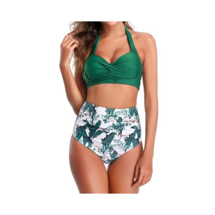 Maillot De Bain Femme 2Pieces Taille Haute Vintage Sexy Fille Push