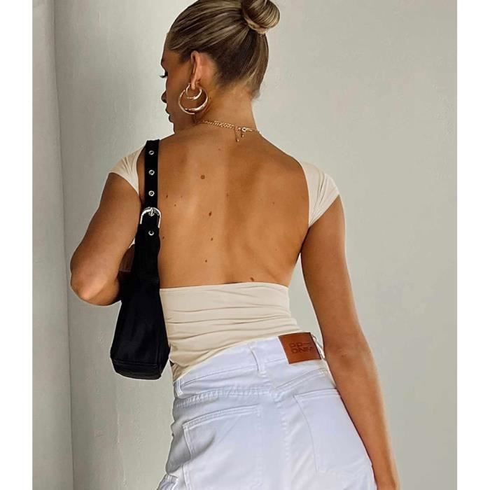 ZAAYO Y2K Haut court d'été à épaules dénudées pour femme Double doublure T- shirt de sport basique, Noir , M ZAAYO Y2K Haut court d'été à épaules dénudées pour femme Double doublure T- shirt de sport basique, Noir , M