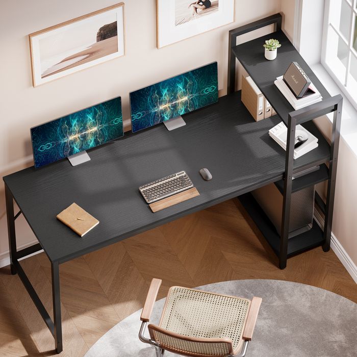 Mondeer Bureau droit 120 CM, Bureau d'Ordinateur avec 2 Étagères de Rangement, Support d'Écran Amovible - Noir - Maison