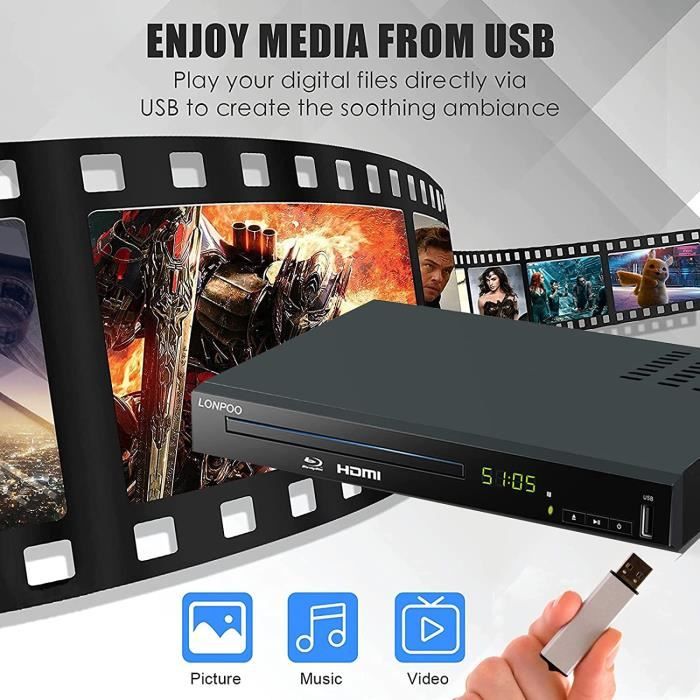 HD Lecteur Blu-Ray pour TV - 1080P Lecteur DVD Bluray avec Port HDMI-  Coaxiale-RCA, Entrée USB, Lecteur CD-MP3-MP4-DIVX, A88 - Cdiscount TV Son  Photo