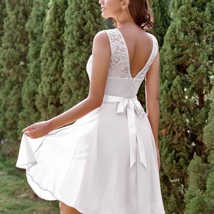 Robe courte de demoiselle d honneur Blanc Jupe evasee en mousseline de soie avec haut en dentelle Blanc Cdiscount Pret a Porter