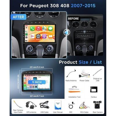 Gearelec Autoradio 9 Pouces Android pour Peugeot 308 408 2007-2013 avec Carplay Andriod Auto GPS
