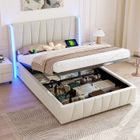 LEYTN Lit double rembourré 160x200 cm Lit coffre hydraulique Lit capitonné velours avec lumière LED ports USB et sommier à lattes - beige