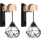 WOTTES UNI Lot de 2 Applique Murale Intérieur Industrielle en Bois Rétro Lampe Murale Suspension Cage en Métal Noir