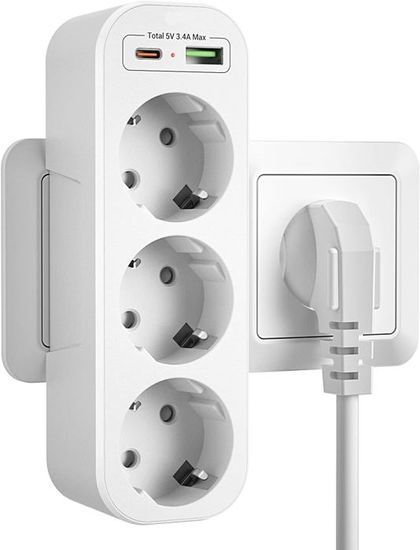 Multiprise Avec 1 Prise AC, 1 USB-C Et 3 USB-A - Chargeur Mural Compact, Blanc