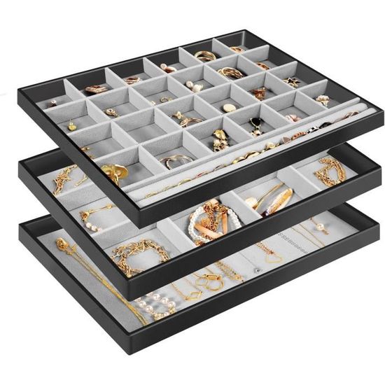 2 Plateaux En Velours Gris Pour Ranger Bijoux Dans Un Tiroir - Organisateur Empilable Pour Bagues, Colliers, Bracelets - 10