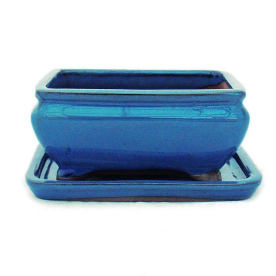 Bol à Bonsaï Avec Soucoupe Taille 3 - Bleu, Carré, Modèle G29 - Dimensions 18x13x6 Cm - émaillé, Trous Drainage