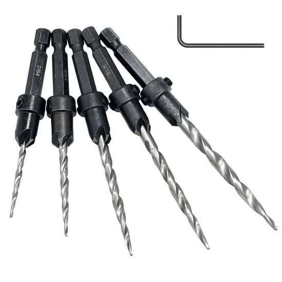 Lot De 5 Forets Coniques Avec Fraise Et Butée De Profondeur - Tige Hexagonale 1/4" - Pour Bois, Panneaux, Atelier - 3