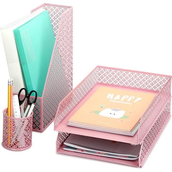 EXERZ Organisateur De Bureau 4 Pièces En Maille Métallique – Plateau 2 Niveaux, Porte-Lettres, Pot à Stylos Et Porte-Notes – Design Élégant Argenté
