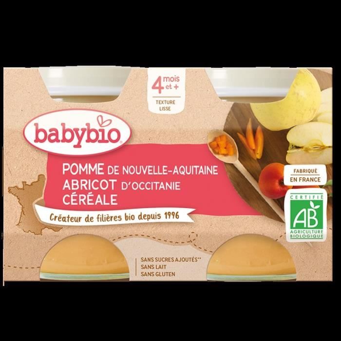 Babybio - Petit Pot Bébé Pomme Abricot Céréale - Bio - 2x130g - Dès 4 mois