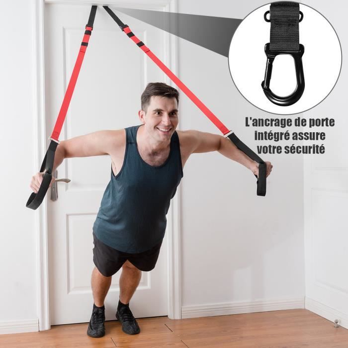 Sangle de Suspension D'exercice, Fitness Kit Musculation Multifonction, 145-200CM Réglable, Supporte 181KG, à l'Intérieur ou Dehors
