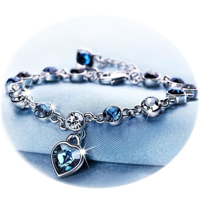 YOUFENG Jewellery Youfeng Bijoux Cœur Bleu Cristal Bracelets pour Femmes et Adolescents Saphir Pierre Porte-Bonheur Sparkling Bra