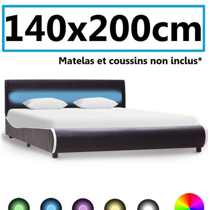 Lit Sommier 140x200cm LED cuir artificiel adulte Chambre design avec dossier Noir luxe style arrondi
