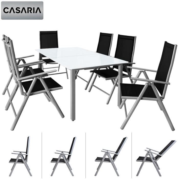 Salon de Jardin Aluminium Argent »Bern« 1 Table 6 chaises Pliantes Plateau de Table en Verre dépoli Dossier réglable 7 Positions