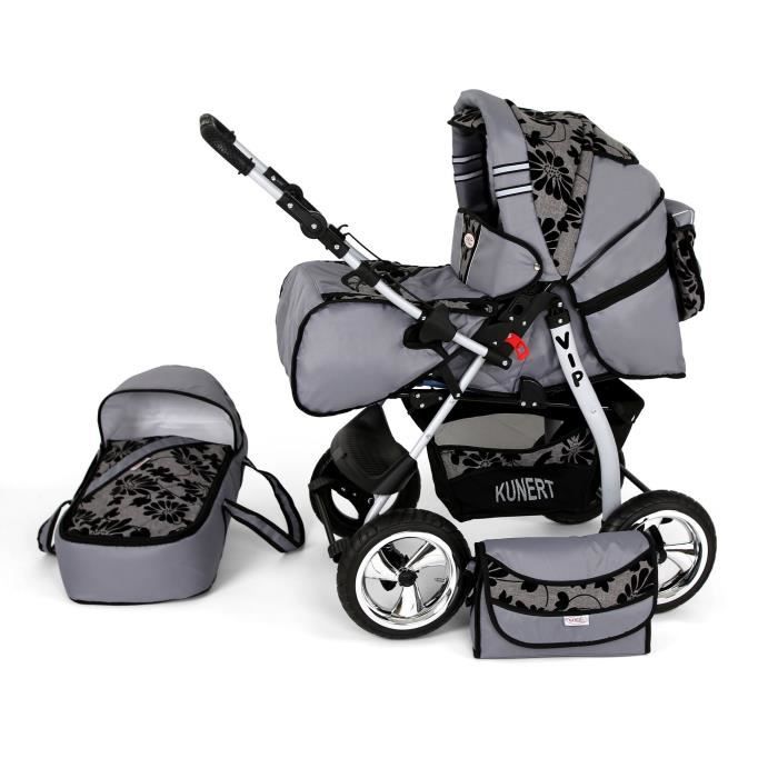 Poussette / Landau combiné 2en1 multifonctions bébé enfant 0-36m avec équipement Roues en caoutchouc Volver - Grise - Fleurs.