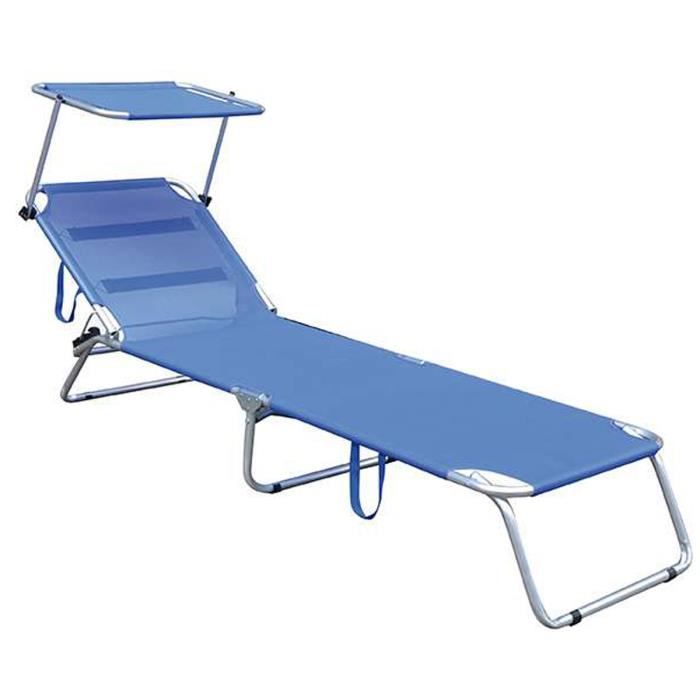 Transat de jardin en aluminium et texaline bleu - 197 x 65 x 27 cm