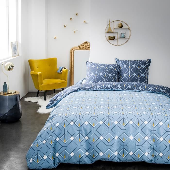 Parure de lit 2 personnes 240X260 Coton imprime bleu Graphique SUNSHINE